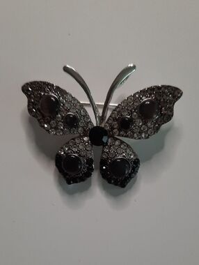 Butterfly Crystal Brooch - Black and Silver